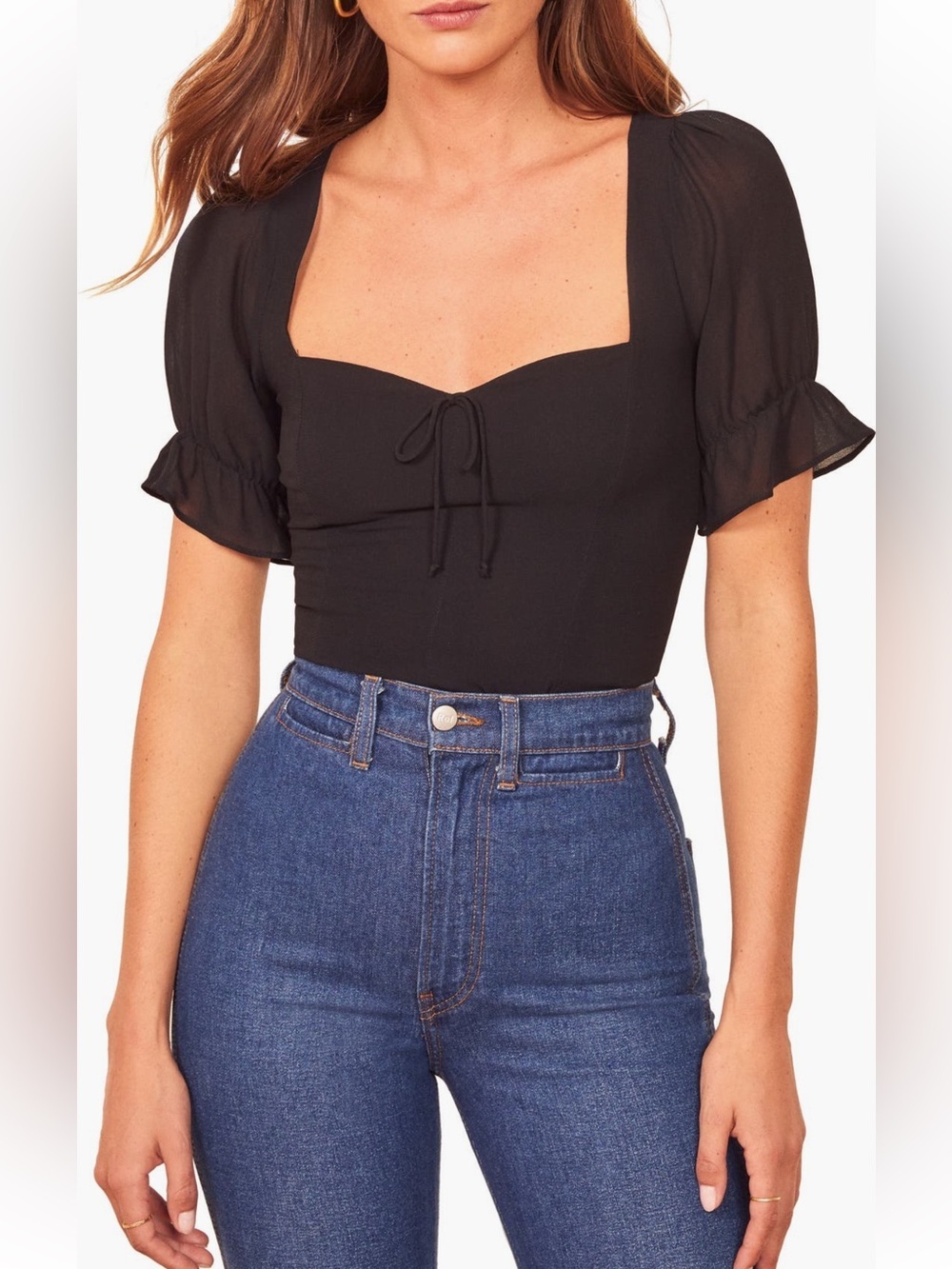 Reformation Delevan Ruffle Black Sleeve Top Size 4 NWOT